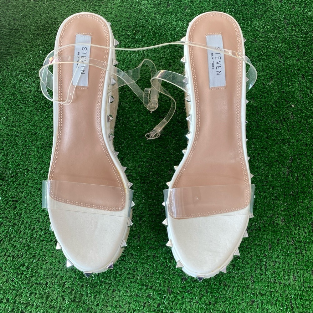 Steven New York by Steve Madden Clear Studded Espadrille Wedge Sandals S-10M K-2